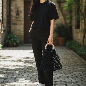 NWT My French Country Home Macrame Handbag Purse Wooden Handle Boho Chic - Black